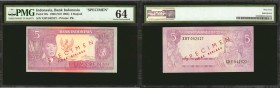 INDONESIA. Bank Indonesia. 5 Rupiah, 1960. P-82s. Specimen. PMG Choice Uncirculated 64.

This Specimen 5 Rupiah Bank of Indonesia note has red speci...