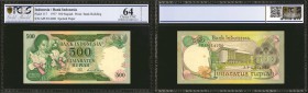 INDONESIA. Bank Indonesia. 500 Rupiah, 1977. P-117. PCGS GSG Choice Uncirculated 64 Details. Spotted Paper.

Woman and flowers vignette at left, wit...
