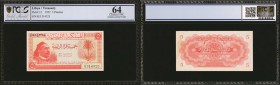 LIBYA. Treasury. 5 Piastres, 1952. P-12. PCGS GSG Choice Uncirculated 64.

A Choice Uncirculated Libyan 5 Piastres note, which has very vivid red in...