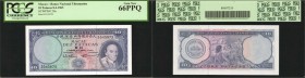 MACAU. Banco Nacional Ultramarino. 10 Patacas, 1963. P-50a. PCGS Currency Gem New 66 PPQ.

Terrific coloring, centering, and originality are seen on...