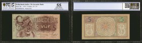 NETHERLANDS INDIES. Javasche Bank. 5 Gulden, 1939. P-78c. PCGS GSG About Uncirculated 55.

Printed by JEZ. A tougher 26.7.1939 dated 5 Gulden with j...