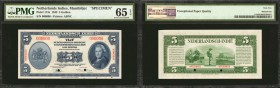 NETHERLANDS INDIES. Muntbiljet. 5 Gulden, 1943. P-113s. Specimen. PMG Gem Uncirculated 65 EPQ.

This 5 Gulden Netherlands Indies Specimen note is in...