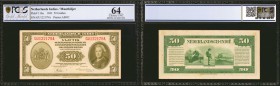 NETHERLANDS INDIES. Ministry of Finance. 50 Gulden, 1943. P-116. PCGS GSG Choice Uncirculated 64.

Printed by ABNC. A tougher 1943 50 Gulden with Qu...