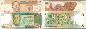 PHILIPPINES. Bangko Sentral ng Pilipinas. 5 & 10 Piso, ND (1970s). P-160 & 161. Solid Numbers. Uncirculated.

2 pieces in lot. Lot includes 10 Piso ...