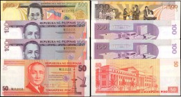 PHILIPPINES. Bangko Sentral ng Pilipinas. 50 to 500 Piso, ND (1985-94). P-171 to 173. Fancy Serial Numbers. Uncirculated.

4 pieces in lot. Lot incl...