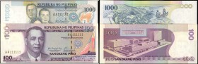 PHILIPPINES. Bangko Sentral ng Pilipinas. 100 & 1000 Piso, 2001-13. P-194 & 197. Fancy Serial Numbers. Uncirculated.

2 pieces in lot. Lot includes ...