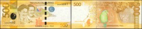 PHILIPPINES. Bangko Sentral ng Pilipinas. 500 Piso, 2010-17. P-210a. Uncirculated.

This 500 Piso note has bright yellow paper, with vivid ink throu...