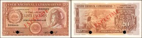 SAINT THOMAS & PRINCE. Banco Nacional Ultramarino. 20 Escudos, 1958. P-36s. Specimen. Uncirculated.

Nice color with D. Afonso V at right. Serial nu...