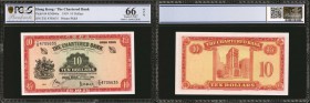 HONG KONG. Chartered Bank. 10 Dollars, 1959. P-64. PCGS GSG Gem Uncirculated 66 OPQ.

KNB46a. Printed by W & S. Well centered with deep ruby red mar...