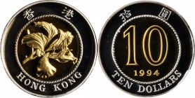 HONG KONG. 10 Dollars, 1994. NGC PROOF-68 ULTRA CAMEO.

KM-70. Bauhinia flower type. Mintage: 20,000. A striking bi-metallic issue with yellow gold ...
