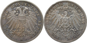 Deutsche Münzen und Medaillen ab 1871, REICHSSILBERMÜNZEN, Lübeck. 3 Mark 1912 A. Silber. Jaeger 82. Vorzüglich, schöne Patina, kl. Randfehler, Kratze...
