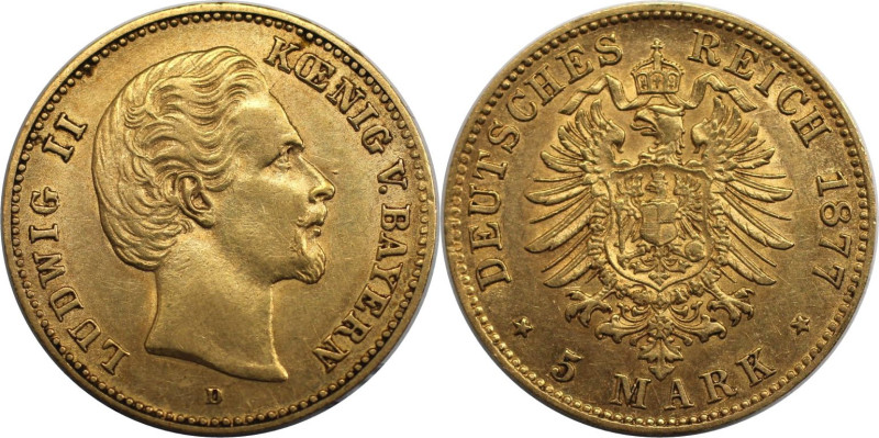 Deutsche Münzen und Medaillen ab 1871, REICHSGOLDMÜNZEN, Bayern. 5 Mark 1877 D, ...