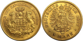 Deutsche Münzen und Medaillen ab 1871, REICHSGOLDMÜNZEN, Hamburg. 5 Mark 1877 J. Gold. Jaeger 208, A.K.S. 43, Fr. 3782. Fast Stempelglanz. Selten!