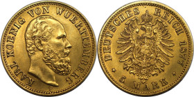 Deutsche Münzen und Medaillen ab 1871, REICHSGOLDMÜNZEN, Wurttemberg. Karl (1864-1891). 5 Mark 1877 F. Gold. Jaeger 291, Fr. 3875. Vorzüglich-stempelg...