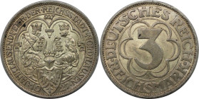Deutsche Münzen und Medaillen ab 1871, WEIMARER REPUBLIK. 3 Reichsmark 1927 A. 1000 Jahre Nordhausen. Silber. Jaeger 327. Vorzüglich-Stempelglanz. Fle...