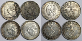 Deutsche Münzen und Medaillen ab 1871, 3. REICH 1933-1945. Paul von Hindenburg. 4 x 5 Reichsmark 1936-1939. Lot von 4 Münzen. Silber. Jaeger 360, 367....