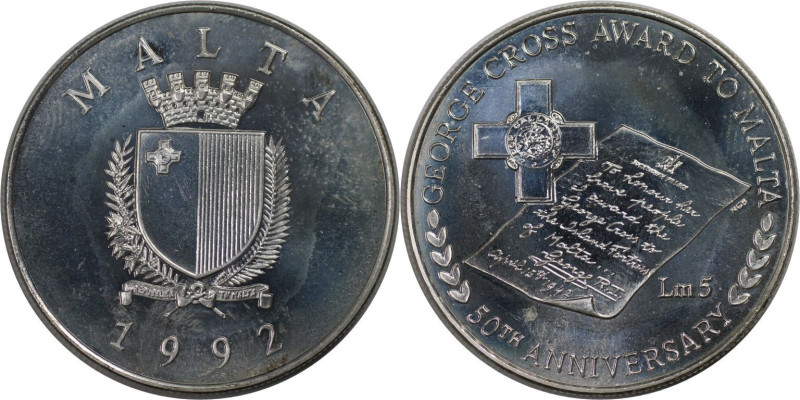 Europäische Münzen und Medaillen, Malta. "George Cross Award". 5 Liri 1992. 28,2...