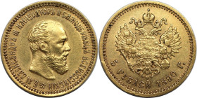 Russische Münzen und Medaillen, Alexander III. (1881-1894). 5 Rubel 1890, St. Petersburg. Gold. 6,44 g. Bitkin 35, Uzdenikov 303, Fr. 168. Sehr schön-...
