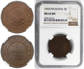 Russische Münzen und Medaillen, Alexander III. (1881-1894). 3 Kopeken 1892 SPB, St. Petersburg. Kupfer. Bitkin 160. NGC MS 63 BN. Selten in dieser Erh...