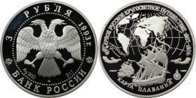 Russische Münzen und Medaillen, UdSSR und Russland. Segelschiffe und Navigationskarte. 3 Rubel 1993. 34,56 g. 0.900 Silber. 1 OZ. KM 464. Polierte Pla...