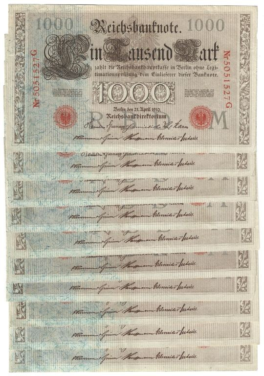 Banknoten, Deutschland / Germany, Lots und Sammlungen. 10 x 1000 Mark Reichsbank...