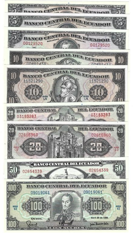 Banknoten, Ecuador, Lots und Sammlungen. 3x5 Sucres 1983-88, Serie: HY, IC, IE, ...