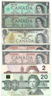 Banknoten, Kanada / Canada, Lots und Sammlungen. 1 Dollar 1954, P.74a, 1 Dollar 1967, P.84, 1 Dollar 1973, P.85c, 2x2 Dollars 1954, P.76b, 76d, 2 Doll...