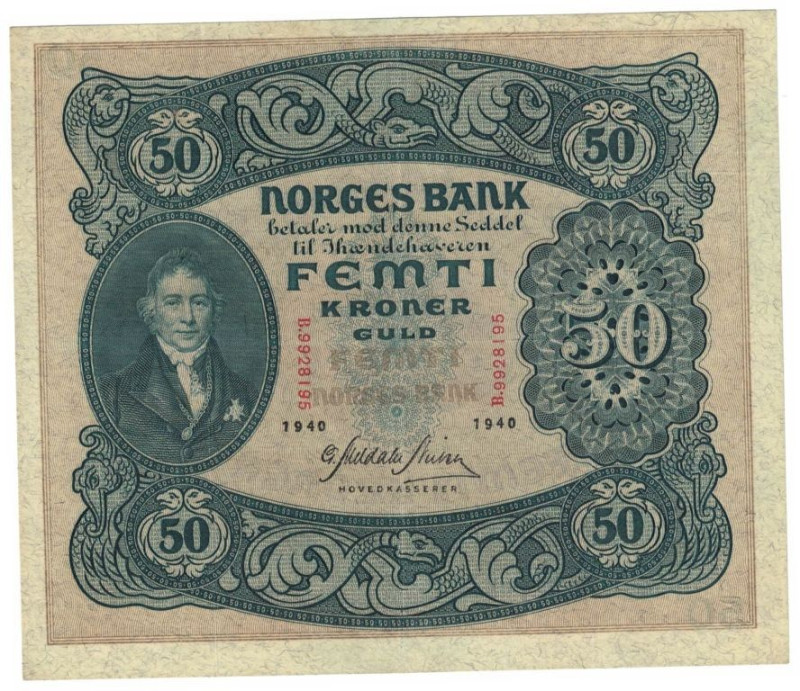 Banknoten, Norwegen / Norway. 50 Kroner 1940. P. 9c. aXF