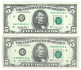 Banknoten, USA / Vereinigte Staaten von Amerika, Federal Reserve Bank Notes. 5 Dollars 1988, 5 Dollars 1995. Lot von 2 Banknoten. Bild ansehen Lot
