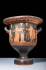 RARE APULIAN BELL KRATER MADE BY THE COMO GROUP WITH DIONYSUS 

 Ca. 350 - 300 BC A rare red-figure pottery bell krater with a large body and two ho...