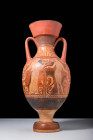 LARGE APULIAN RED FIGURE AMPHORA WITH OFFERING SCENE

 Ca. 350 - 300 BC A superb red-figure pottery amphora with an ovoid body and two vertical hand...