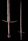 MEDIEVAL IRON SWORD DOUBLE EDGED

 Ca. AD 1300 - 1400 A medieval forged iron sword with a geometric pommel and curved crossguard. In Ewert Oakeshott...