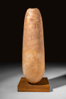 TALL EGYPTIAN ALABASTER VESSEL

 Late Period, Ca. 664 - 332 BC A stunning vessel with pyriform shape that is expertly hand-carved from honey-brown a...