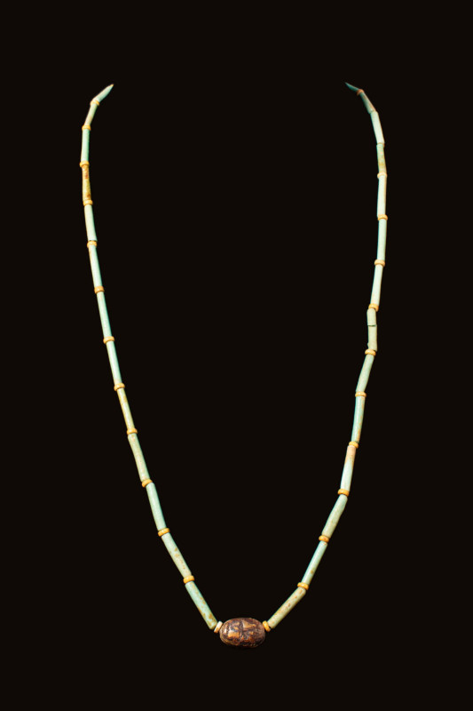 EGYPTIAN NECKLACE WITH SCARAB AND FAIENCE BEADS

 Late Period, Ca. 664 - 332 B...