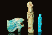 GROUP OF EGYPTIAN FAIENCE AMULETS

 Third Intermediate Period- Late Period, Ca. 1069 - 332 BC A group of 3 mould-formed faience amulets covered in l...