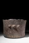 EGYPTIAN OLD KINGDOM STONE MORTAR

 Ca. 2640 - 2130 BC An Egyptian carved stone mortar of relatively cylindric form with high walls. The deep basin ...