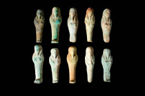 GROUP OF TEN EGYPTIAN FAIENCE USHABTIS

 Late Period - Ptolemaic Period, Ca. 664 - 30 BC A group of Egyptian faience ushabti. These ten figures are ...