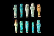 GROUP OF TEN EGYPTIAN FAIENCE USHABTIS

 Late Period - Ptolemaic Period, Ca. 664 - 30 BC A group of Egyptian faience ushabti. These ten figures are ...