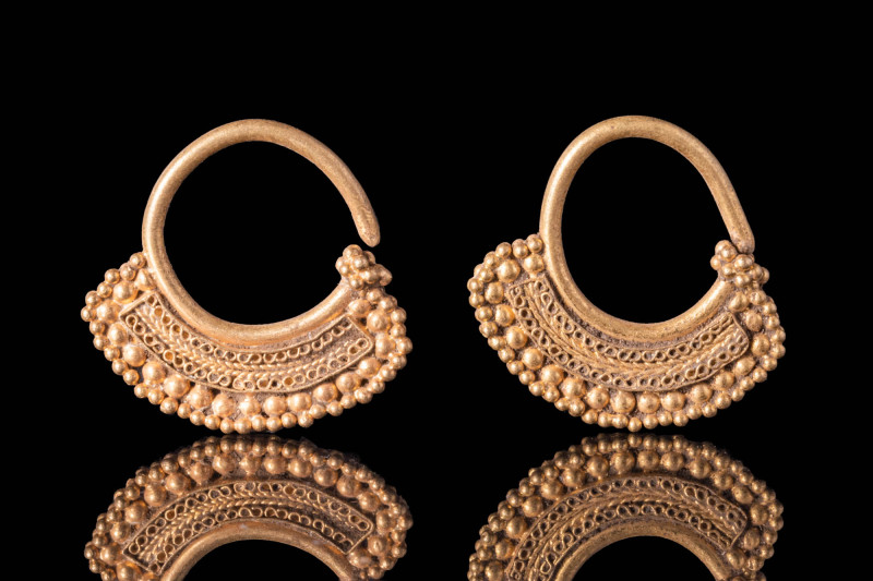 PAIR OF GREEK OPENWORK GOLD EARRINGS

 Ca. AD 500 - 600 A beautiful pair of go...