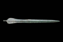 ARCHAIC GREEK BRONZE HOPLITE DAGGER

 Ca. 1200 - 800 BC An archaic Greek bronze dagger consisting of a long slender triangular blade with a large cu...