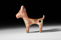 GREEK BRONZE STATUETTE OF STAG

 Ca. 700 - 500 BC A Greek bronze figurine of an ibex with a tubular body standing on four legs with a raised short t...