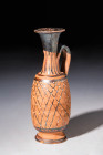 ATTIC SQUAT NET LEKYTHOS

 Ca. 350 BC A wheel-thrown Attic pottery lekythos with a black figure scheme. A lustrous black glaze net shaped with white...