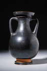 GREEK BLACK GLAZED AMPHORA

 Ca. 400 - 200 BC An Attic black glazed amphora with an apple-shaped body and a trumpet-shaped mouth. It also features t...