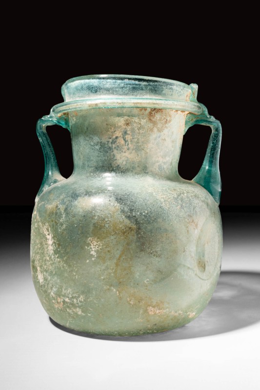 HUGE ROMAN GLASS AMPHORISKOS WITH BLUE HANDLES

Ca. AD 300 - 500 A Roman glass...