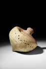 BYZANTINE POTTERY GRENADE WITH GEOMETRIC MOTIF

 Ca AD 900 - 1200 A Byzantine pottery hand grenade. It has an acorn-shaped body, a round shoulder, a...
