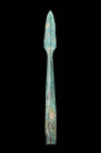 EUROPEAN BRONZE SOCKETET SPEARHEAD

 Ca. 1200 - 800 BC A European Bronze Age cast bronze spearhead. It has a long central tubular socket and a leaf-...