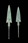 PAIR OF WESTERN ASIATIC ARROWHEADS

Ca. 1200 - 800 BC A pair of Western Asiatic bronze arrowheads with a triangular blade and a thick midrib. At the...