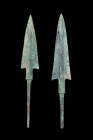 PAIR OF WESTERN ASIATIC ARROWHEADS

Ca. 1200 - 800 BC A pair of Western Asiatic bronze arrowheads with a triangular blade and a thick midrib. At the...