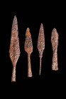 SET OF MEDIEVAL IRON ARROWHEADS

 Ca. AD 800 - 1300 A set of four Medieval arrowheads. They have long, elegant tang and conical socket. They are exc...
