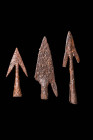 SET OF MEDIEVAL IRON ARROWHEADS

 Ca. AD 800 - 1300 A set of three Medieval winged arrowheads forged. They have long, elegant barbs and a conical so...
